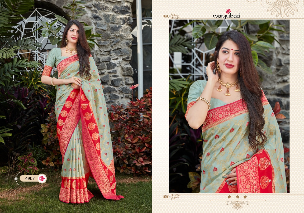 manjubaa mohak silk Series 4901 To 4912  Banarasi Soft silk regal look saree catalog