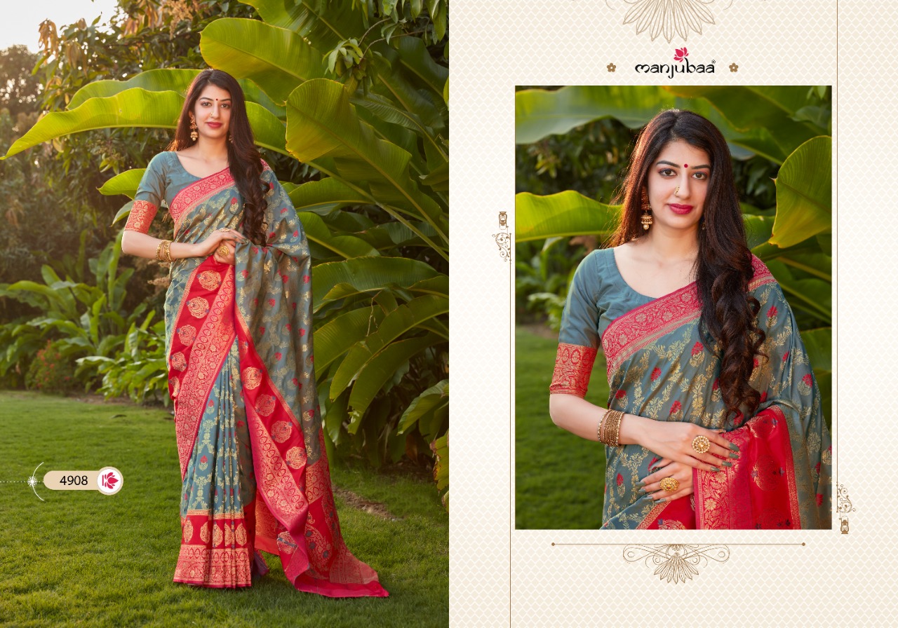 manjubaa mohak silk Series 4901 To 4912  Banarasi Soft silk regal look saree catalog