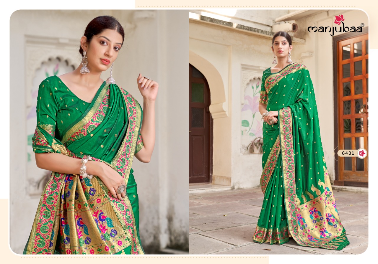 manjubaa monisha paithani 6401 to 6406 silk regal look saree catalog