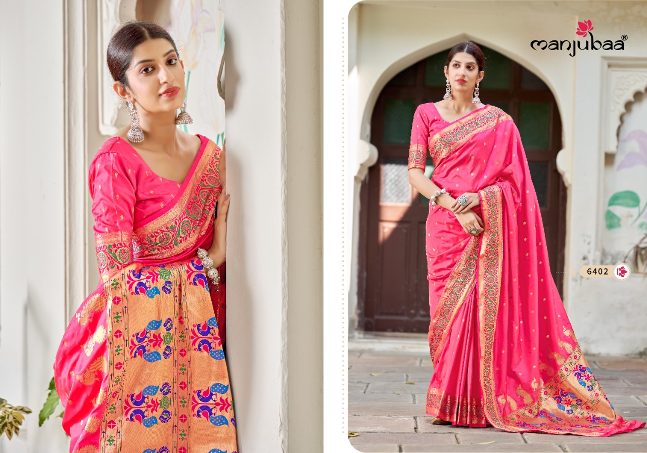 manjubaa monisha paithani 6401 to 6406 silk regal look saree catalog