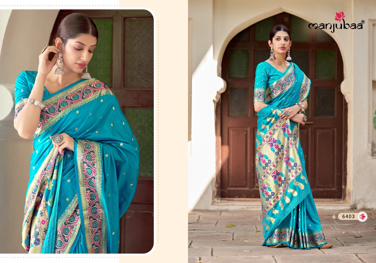 manjubaa monisha paithani 6401 to 6406 silk regal look saree catalog