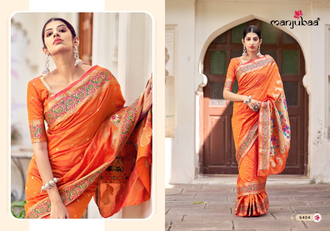 manjubaa monisha paithani 6401 to 6406 silk regal look saree catalog