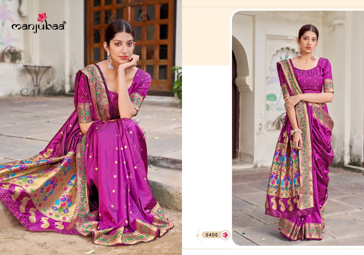 manjubaa monisha paithani 6401 to 6406 silk regal look saree catalog