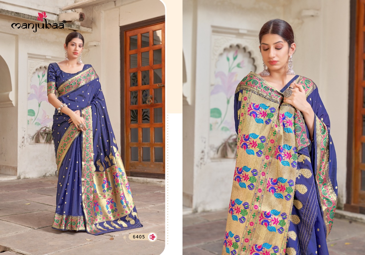 manjubaa monisha paithani 6401 to 6406 silk regal look saree catalog