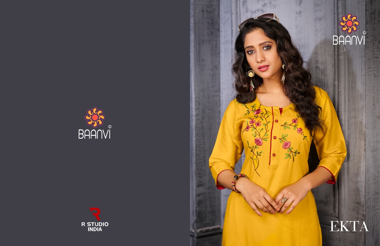 r studio Baanvi ekta vol 1namo slub decent colours and embroidary look kurti catalog