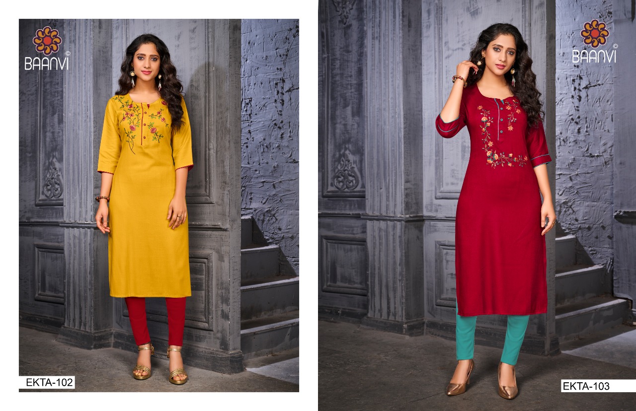 r studio Baanvi ekta vol 1namo slub decent colours and embroidary look kurti catalog