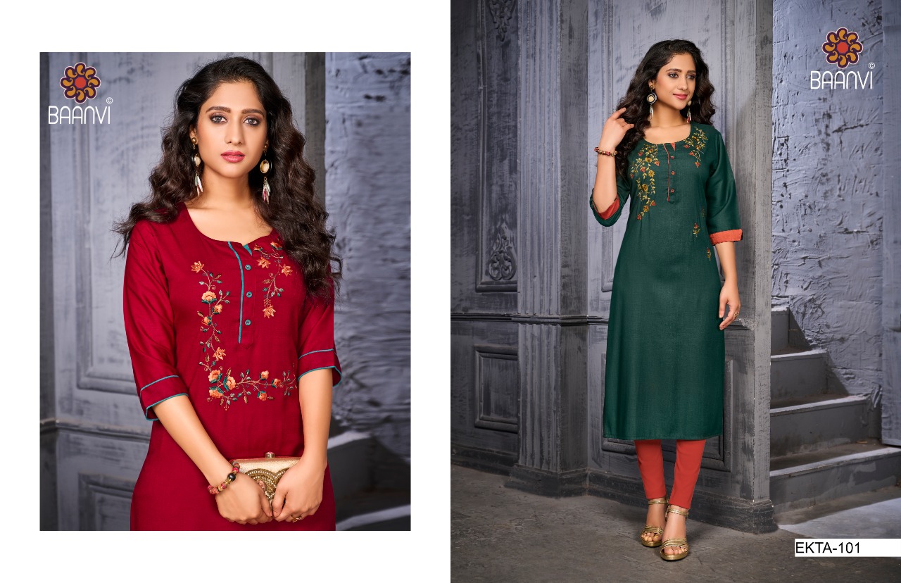 r studio Baanvi ekta vol 1namo slub decent colours and embroidary look kurti catalog