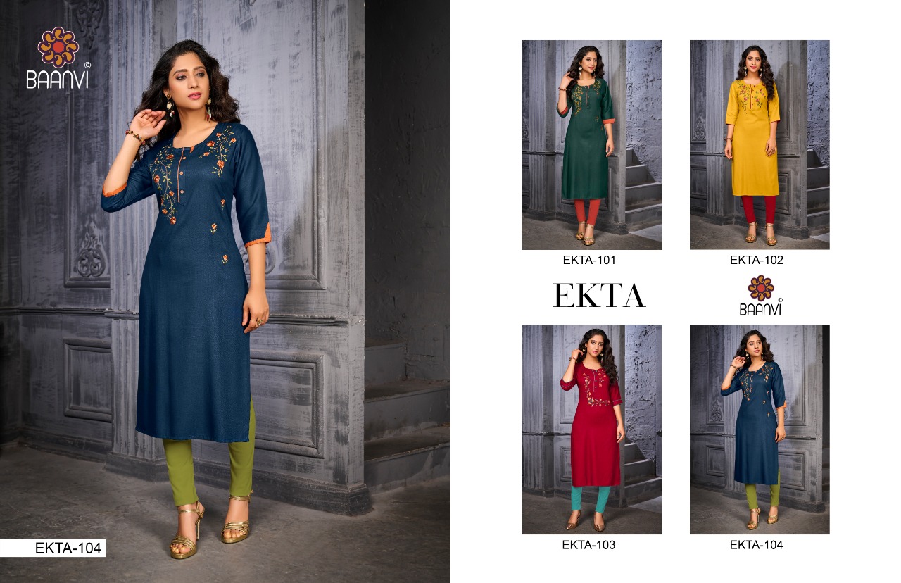 r studio Baanvi ekta vol 1namo slub decent colours and embroidary look kurti catalog