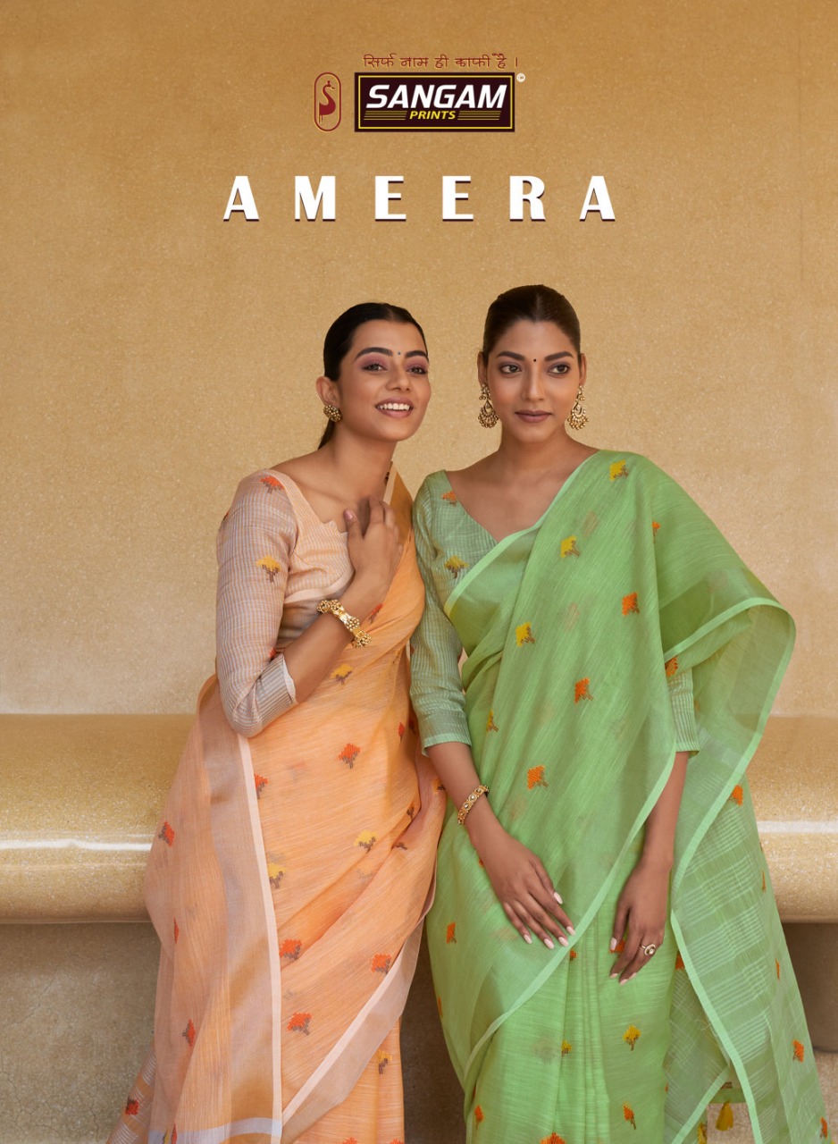 sangam print ameera linen astonishing saree catalog