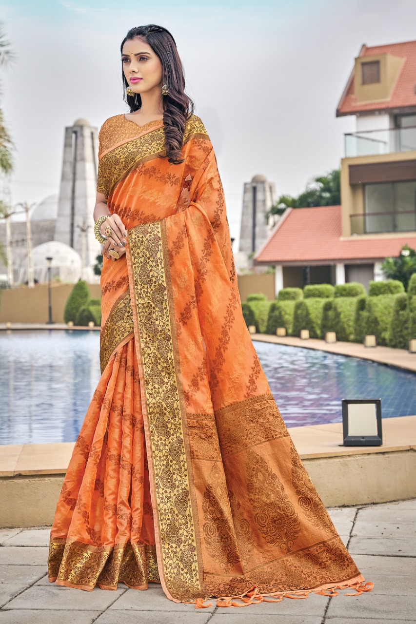 sangam print shailja organza decent look saree catalog