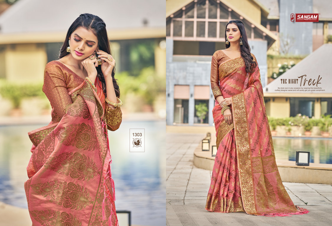 sangam print shailja organza decent look saree catalog