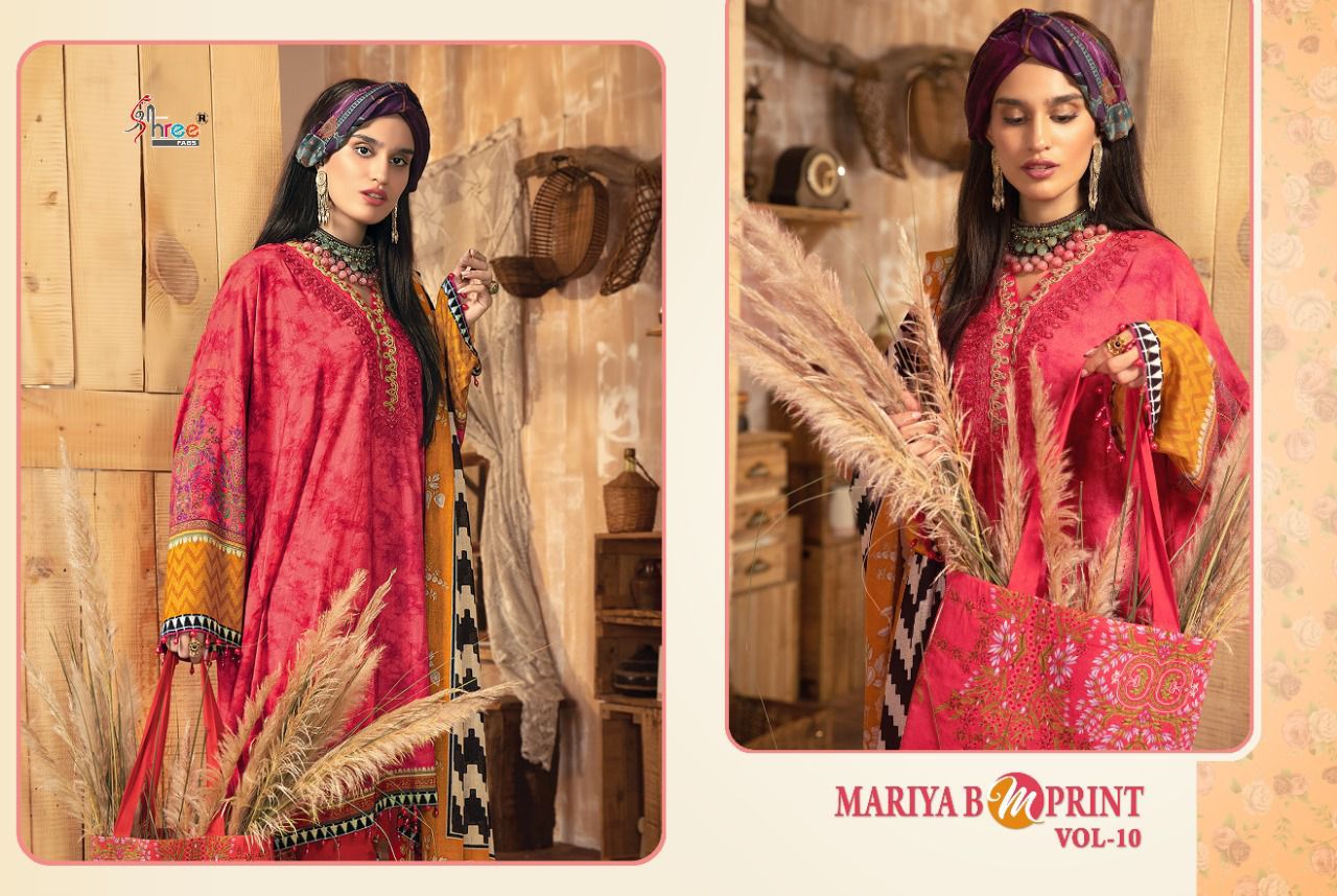 shree fab mariya b m print vol 10 jam cotton elegant look salwar suit cotton dupatta catalog