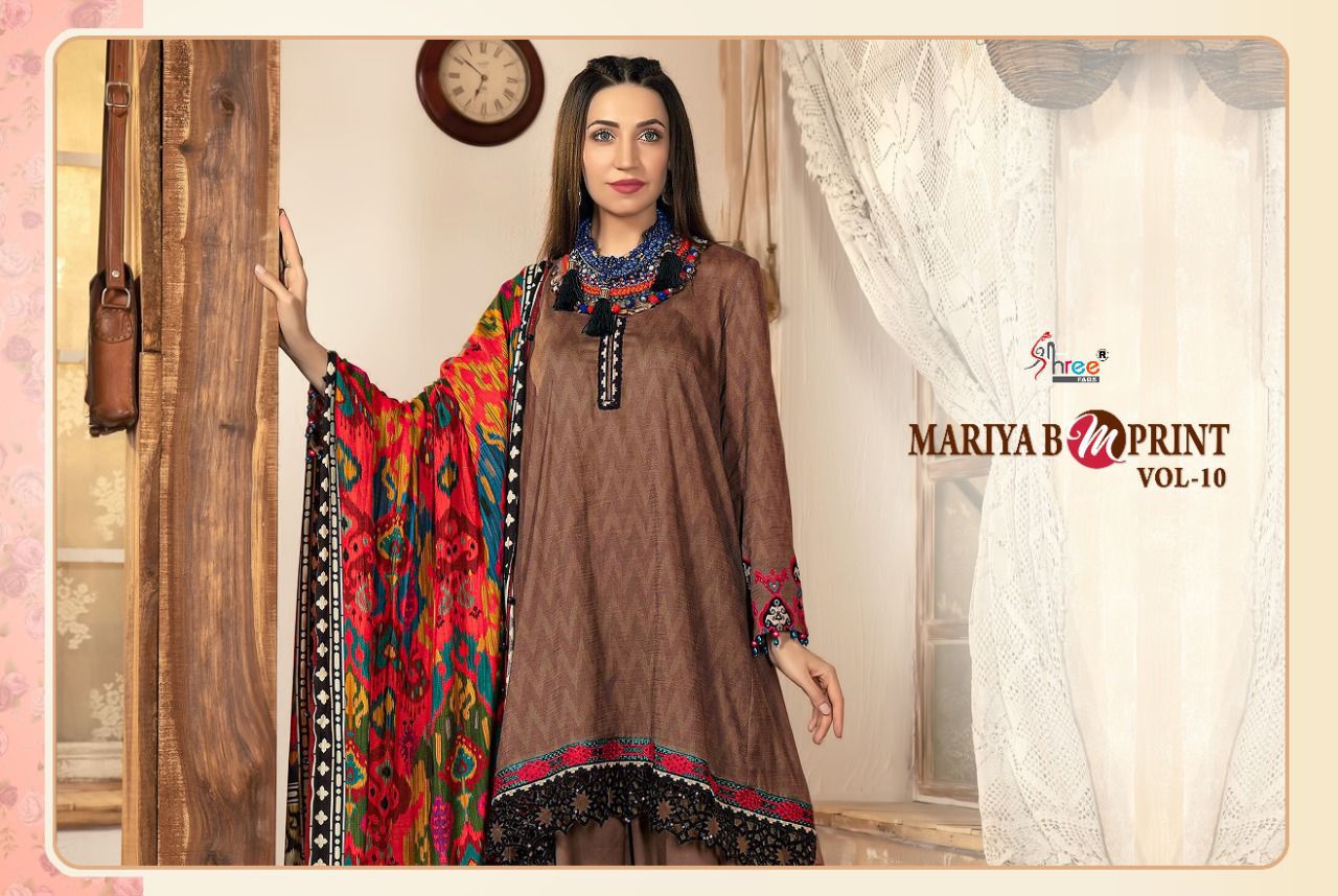 shree fab mariya b m print vol 10 jam cotton elegant look salwar suit cotton dupatta catalog