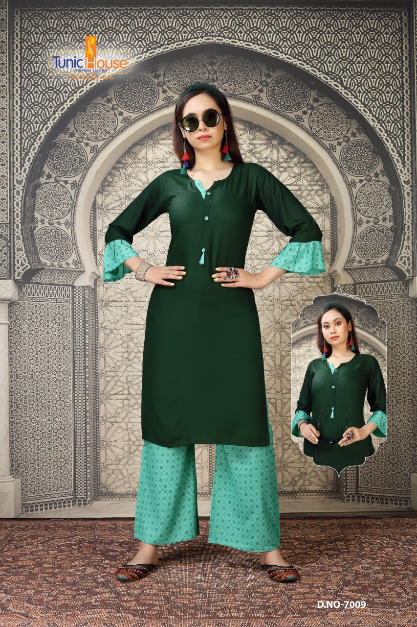 tunic house nikki vol 2  rayon classic trendy look kurti with palazzo catalog