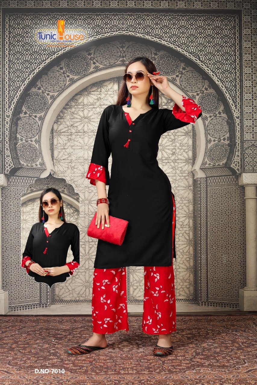 tunic house nikki vol 2  rayon classic trendy look kurti with palazzo catalog