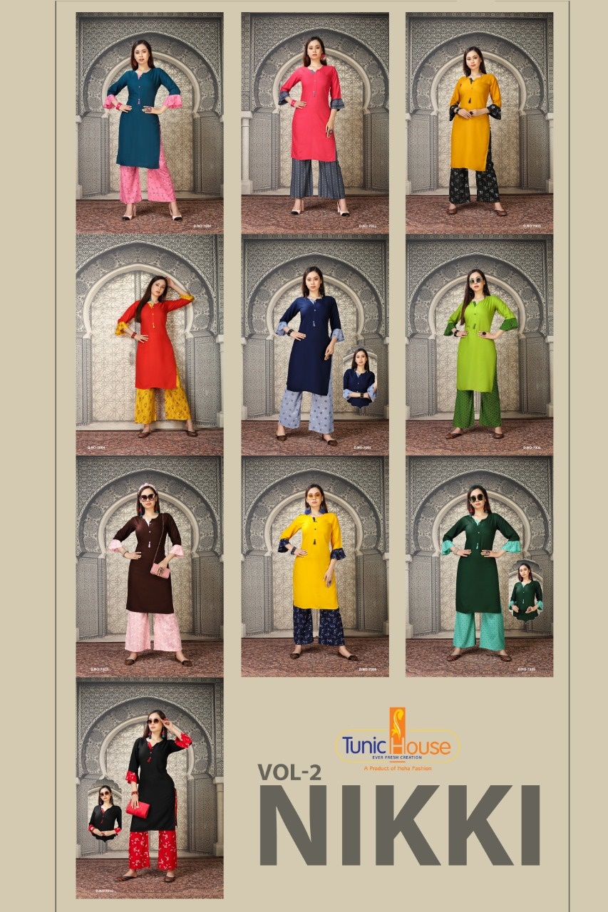 tunic house nikki vol 2  rayon classic trendy look kurti with palazzo catalog