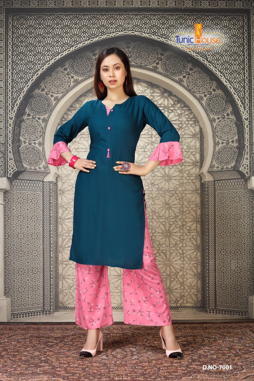 tunic house nikki vol 2  rayon classic trendy look kurti with palazzo catalog