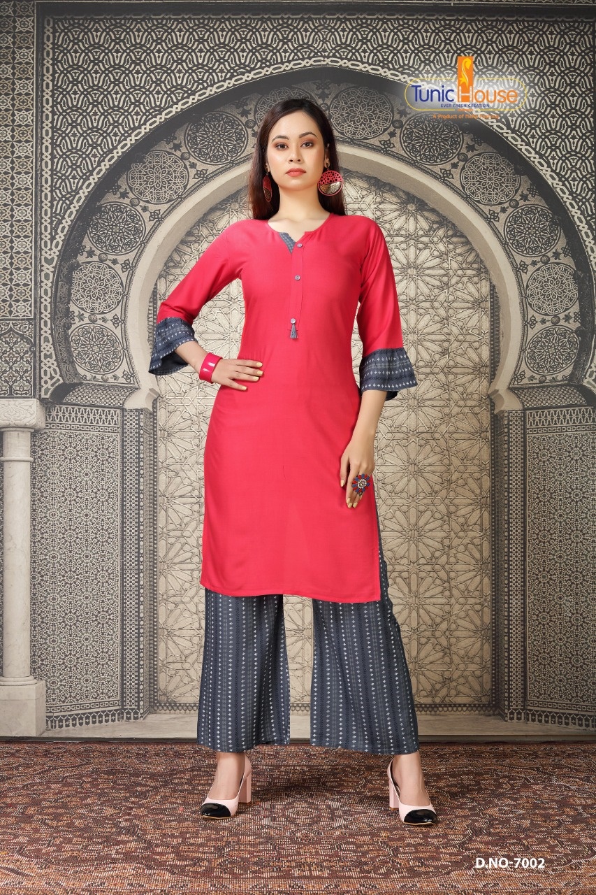 tunic house nikki vol 2  rayon classic trendy look kurti with palazzo catalog