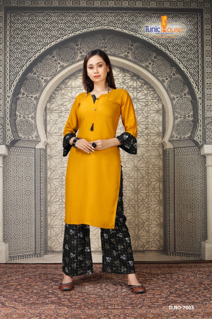 tunic house nikki vol 2  rayon classic trendy look kurti with palazzo catalog