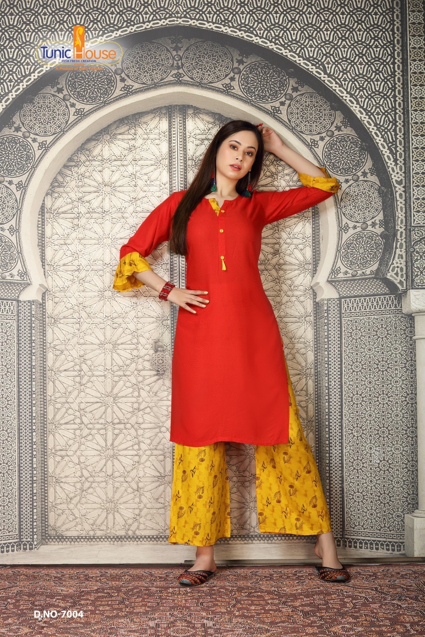 tunic house nikki vol 2  rayon classic trendy look kurti with palazzo catalog