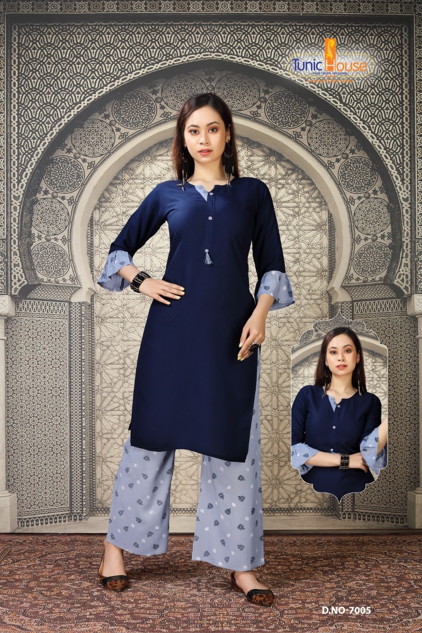 tunic house nikki vol 2  rayon classic trendy look kurti with palazzo catalog