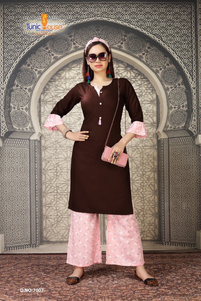 tunic house nikki vol 2  rayon classic trendy look kurti with palazzo catalog