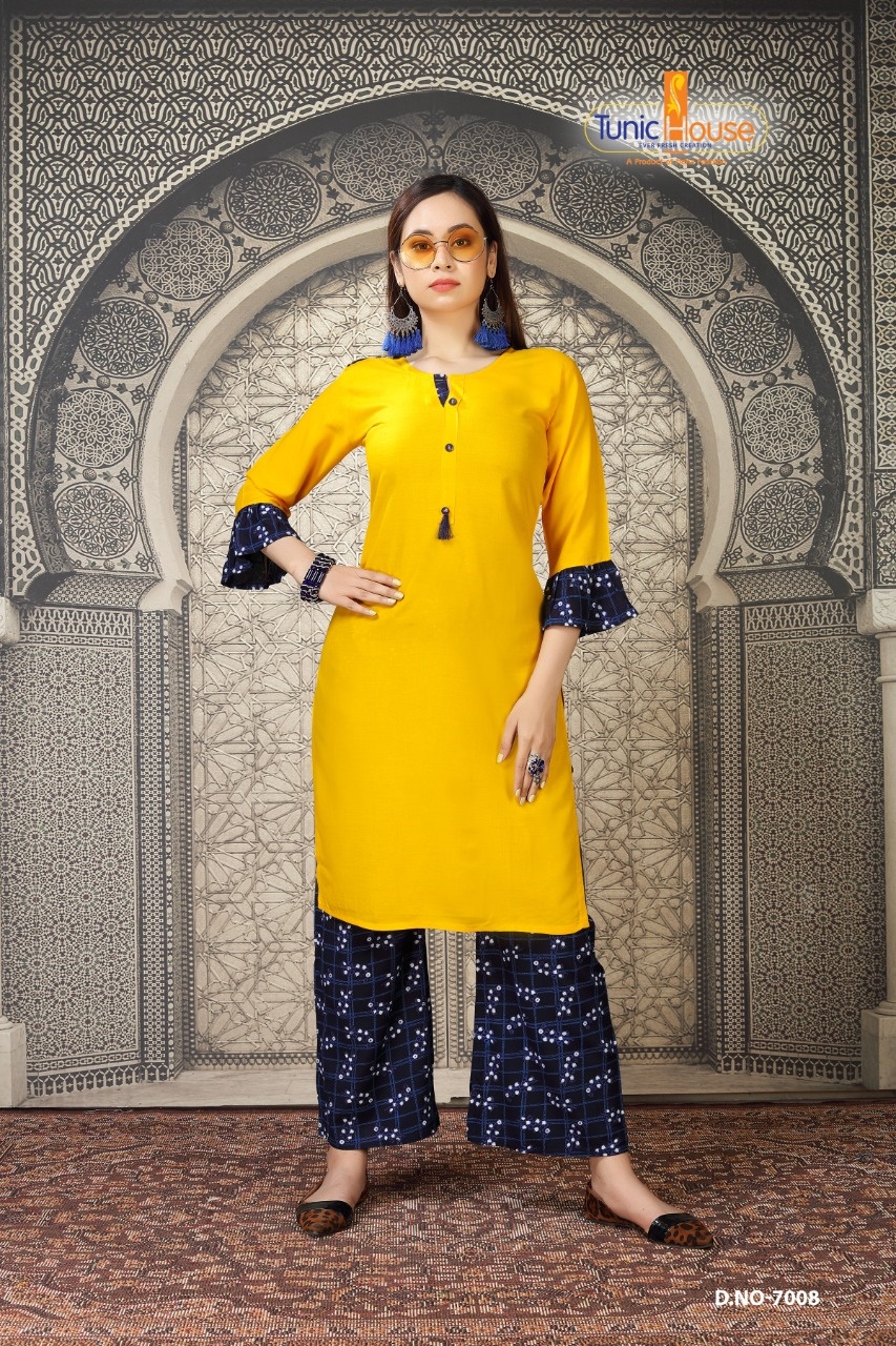 tunic house nikki vol 2  rayon classic trendy look kurti with palazzo catalog