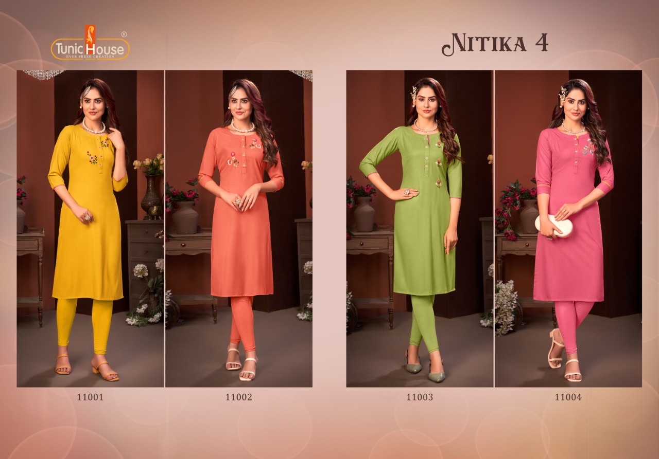 tunic house nitika vol 4 rayon classic trendy look kurti catalog