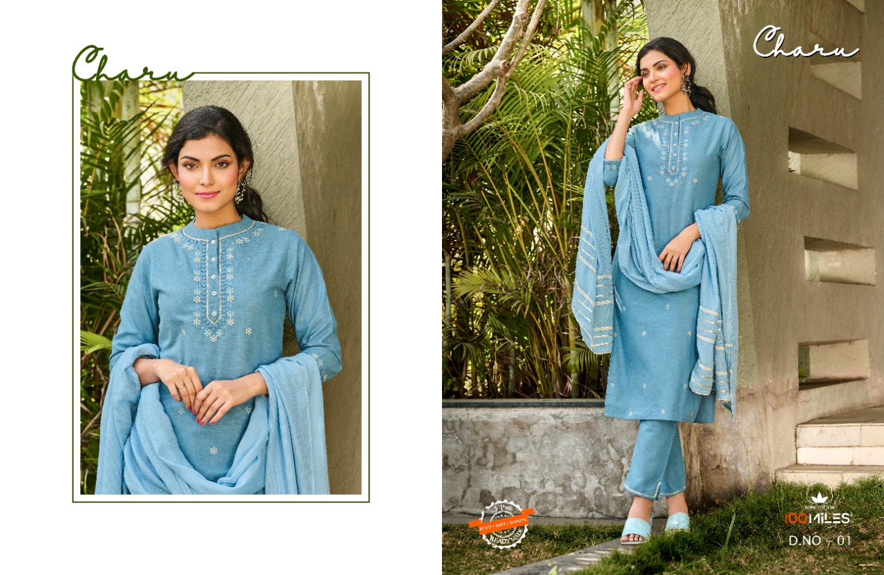 100 miles charu linen cotton catchy look kurti pant with dupatta catalog