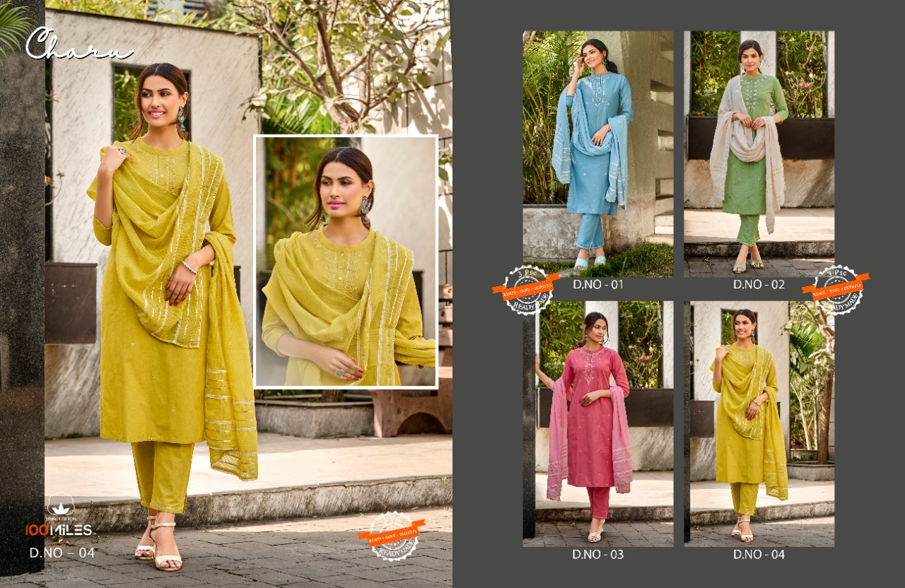 100 miles charu linen cotton catchy look kurti pant with dupatta catalog