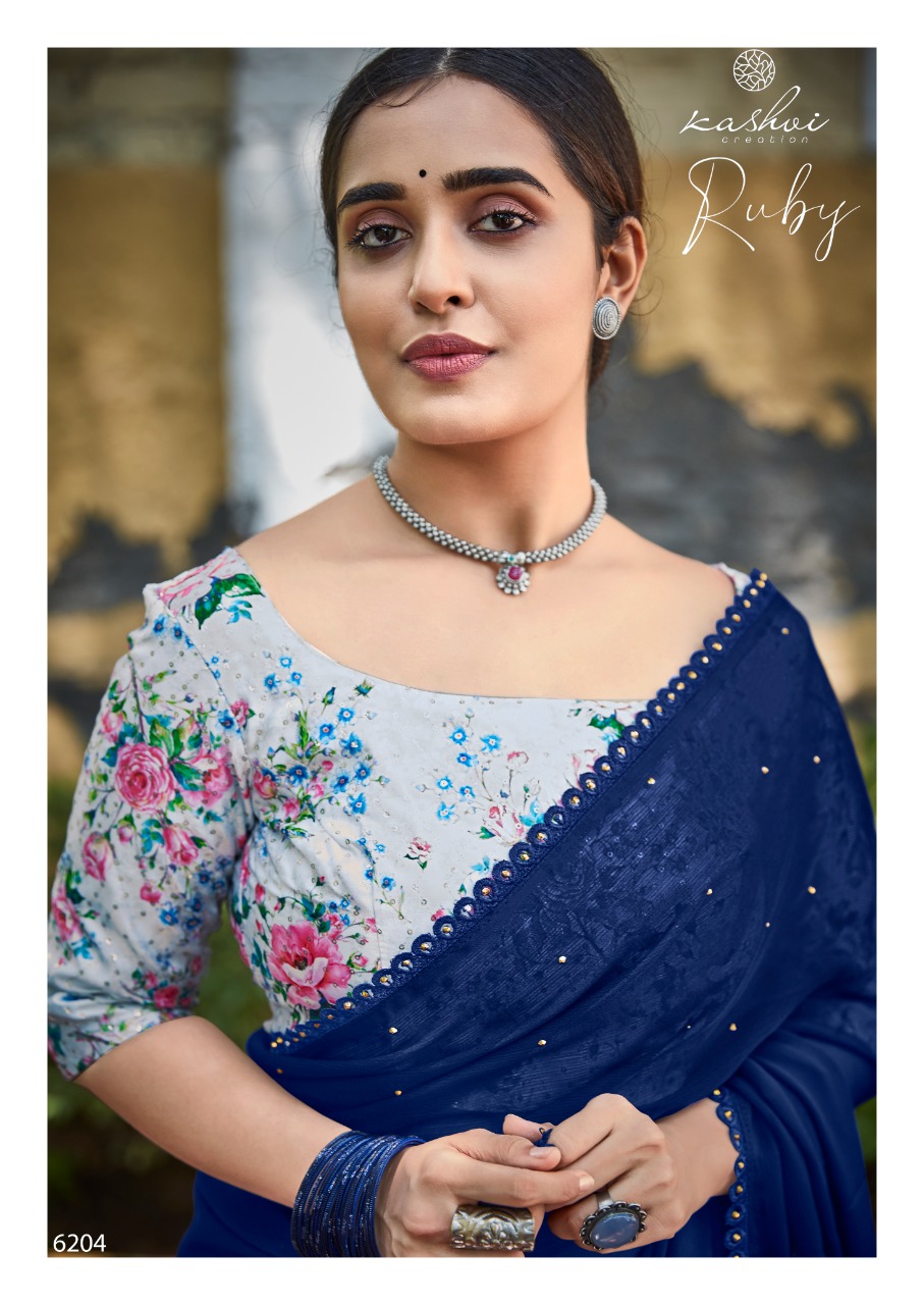 lt kashvi creation ruby moss chiffon beautifull print saree catalog