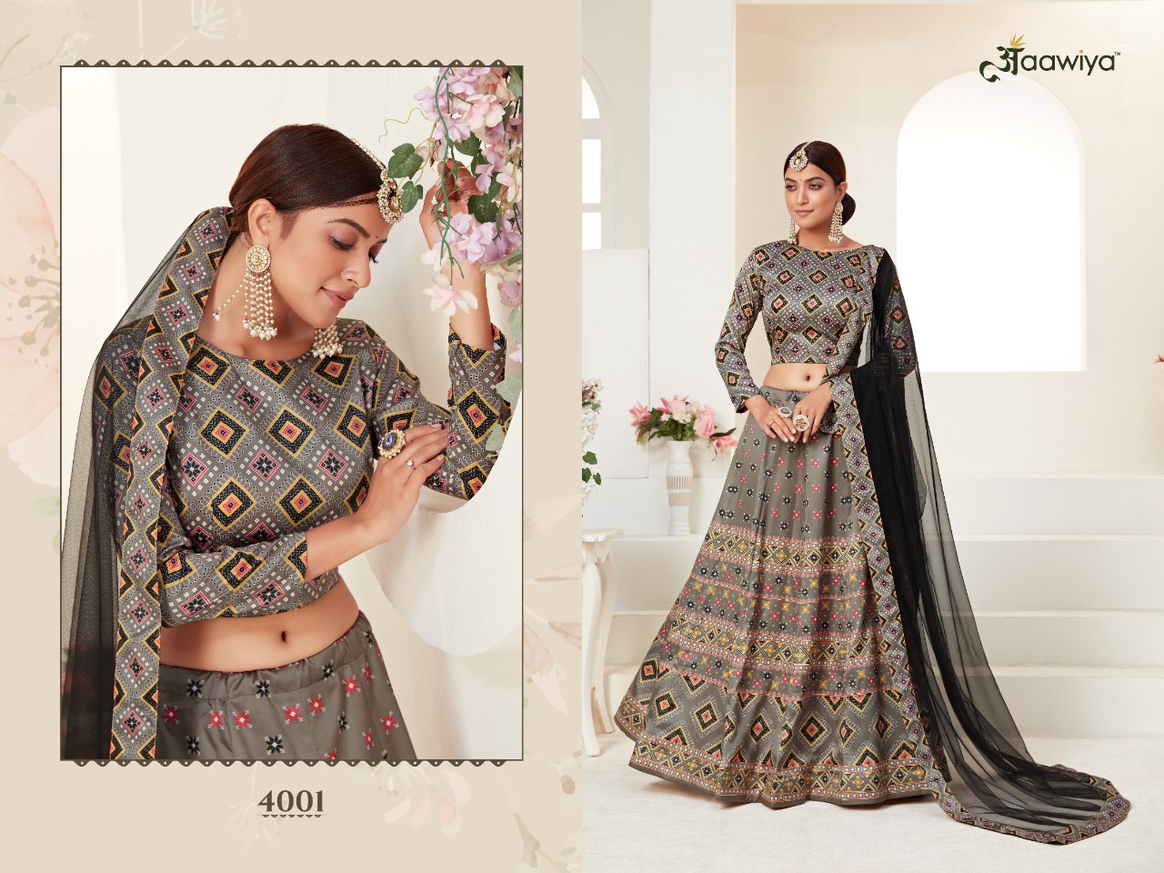 aawiya official rosy vol 1 4001 to 4002 ajmeri silk festive look lehngha choli with dupatta catalog