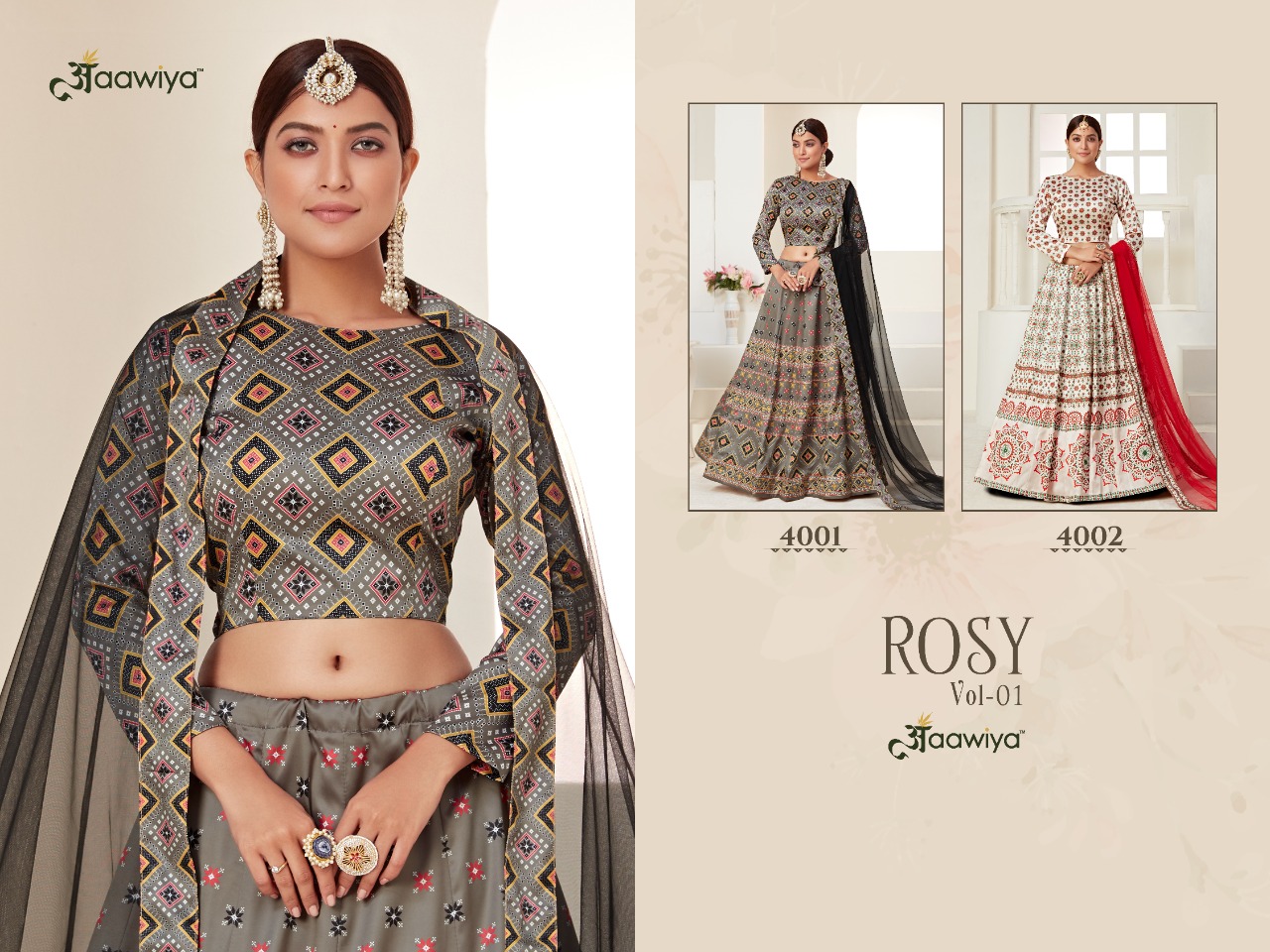 aawiya official rosy vol 1 4001 to 4002 ajmeri silk festive look lehngha choli with dupatta catalog