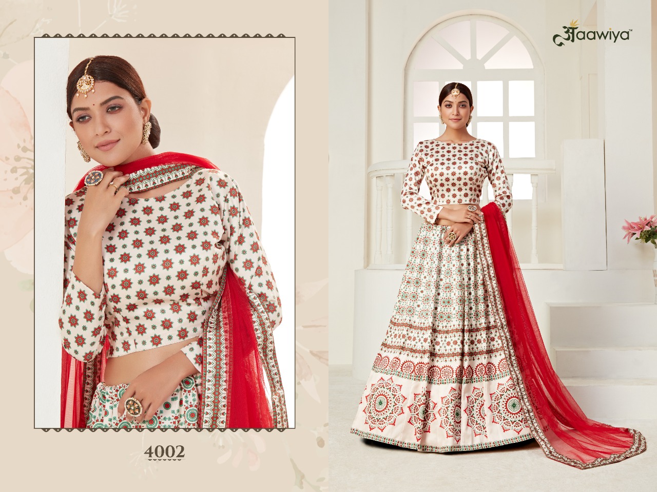 aawiya official rosy vol 1 4001 to 4002 ajmeri silk festive look lehngha choli with dupatta catalog