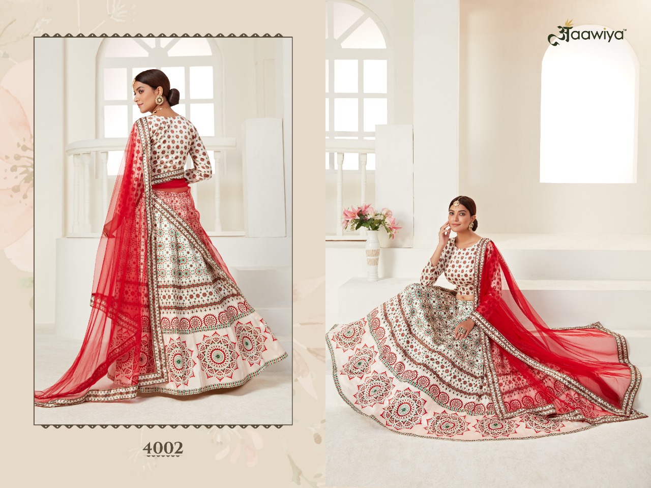 aawiya official rosy vol 1 4001 to 4002 ajmeri silk festive look lehngha choli with dupatta catalog