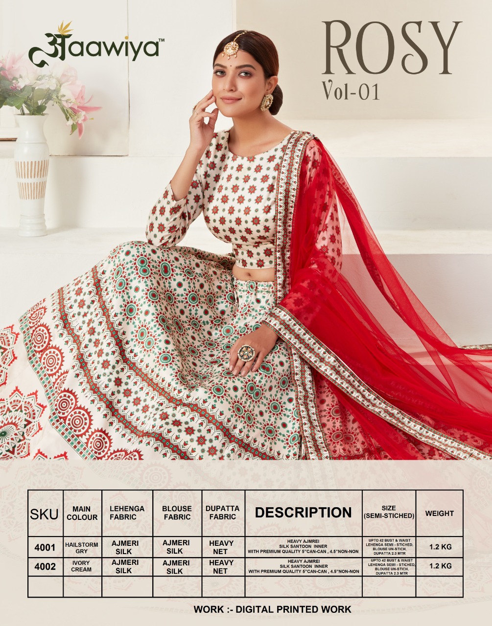 aawiya official rosy vol 1 4001 to 4002 ajmeri silk festive look lehngha choli with dupatta catalog