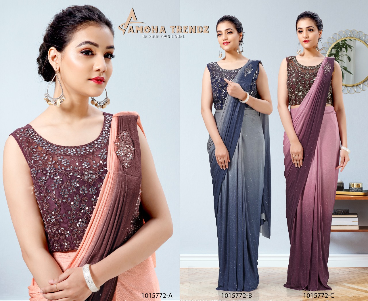 amoha trendz Design No 1015772 Imported Lycra innovative look saree catalog