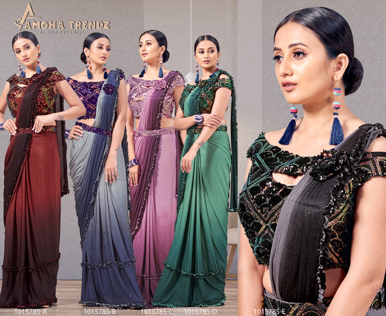 amoha trendz design no 1015785 lycra innovative style saree catalog