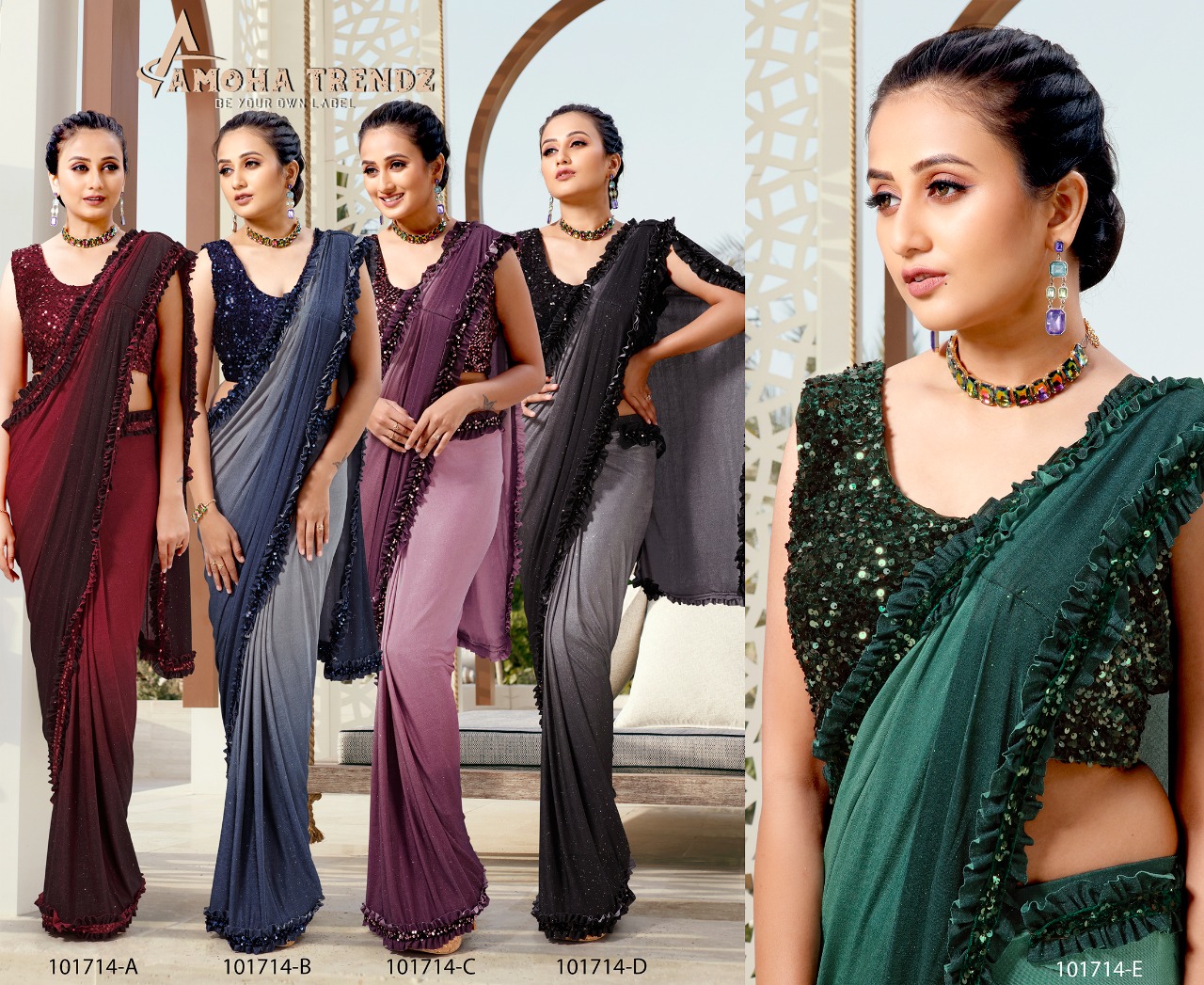 amoha trendz Design No 101714 Imported Lycra new and modern style saree catalog