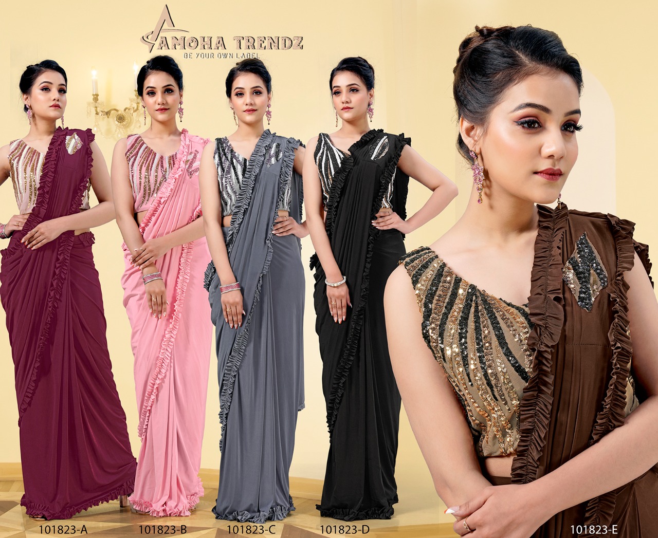 amoha trendz design no 101823 lycra innovative style saree catalog