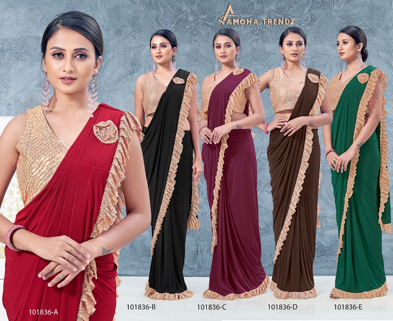 amoha trendz Design No 101836 Imported Lycra gorgeous look saree catalog