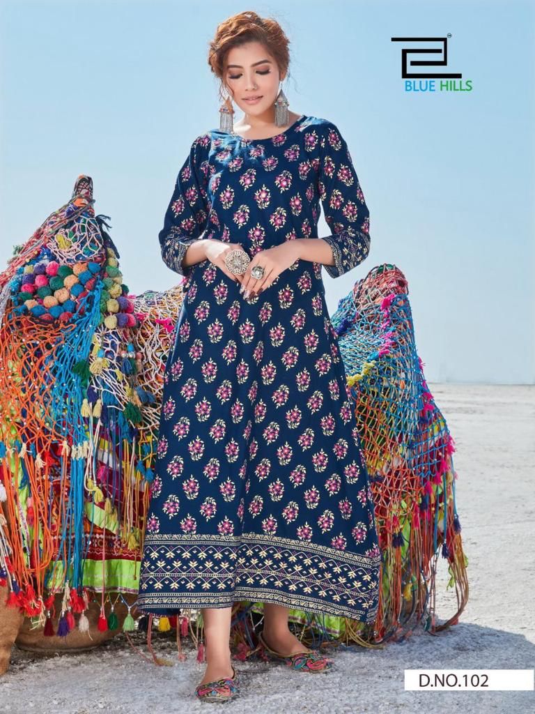 blue hills dessert vol 1 rayon elegant long kurti catalog