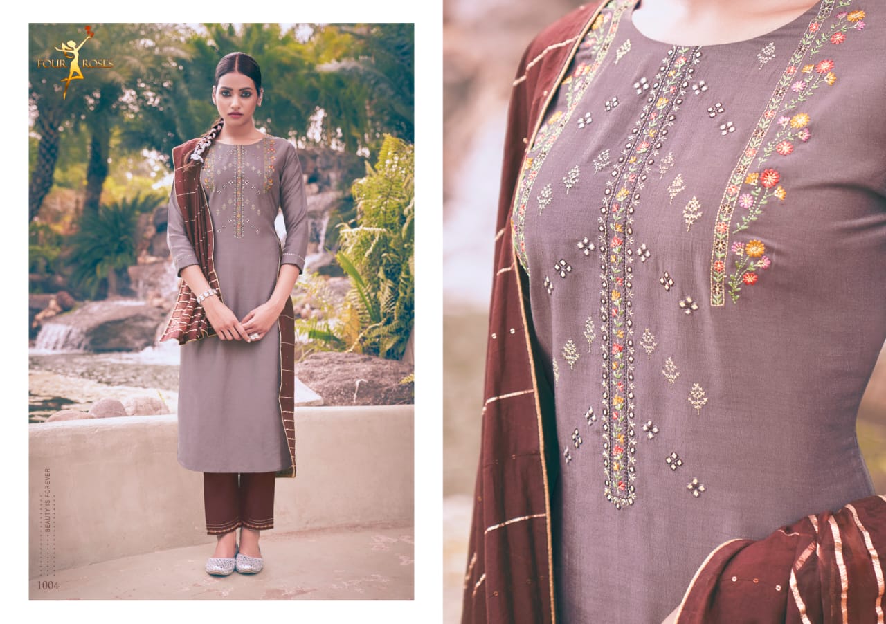 four roses vows chinon new and modern style kurti with bottom and dupatta catalog