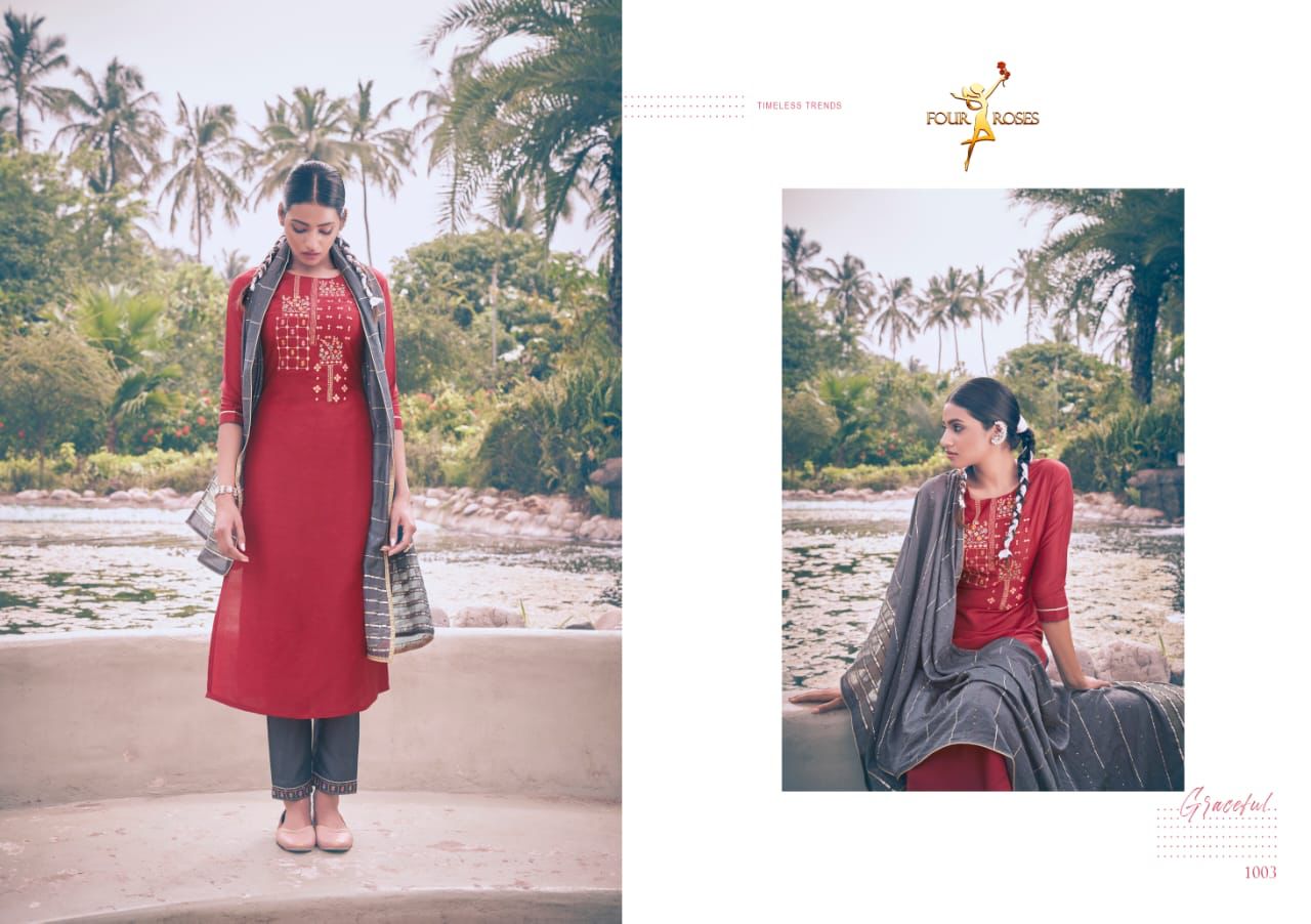 four roses vows chinon new and modern style kurti with bottom and dupatta catalog