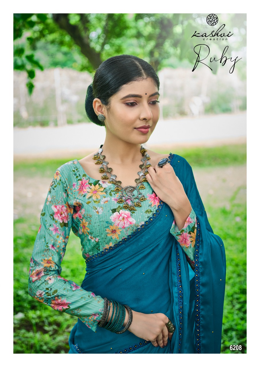 lt kashvi creation ruby moss chiffon beautifull print saree catalog