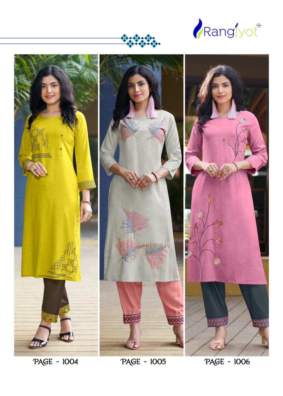 Rangjyot jasmin rayon elegant look kurti with pant catalog