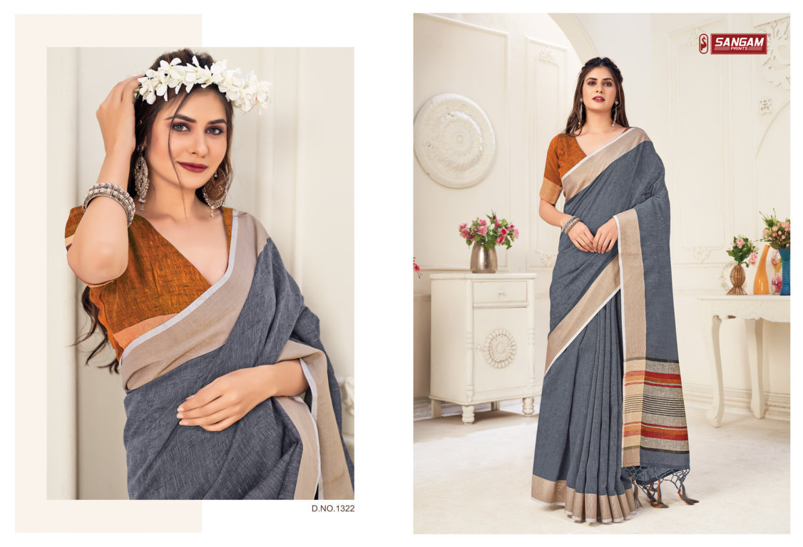 sangam print aarya linen astonishing print saree catalog