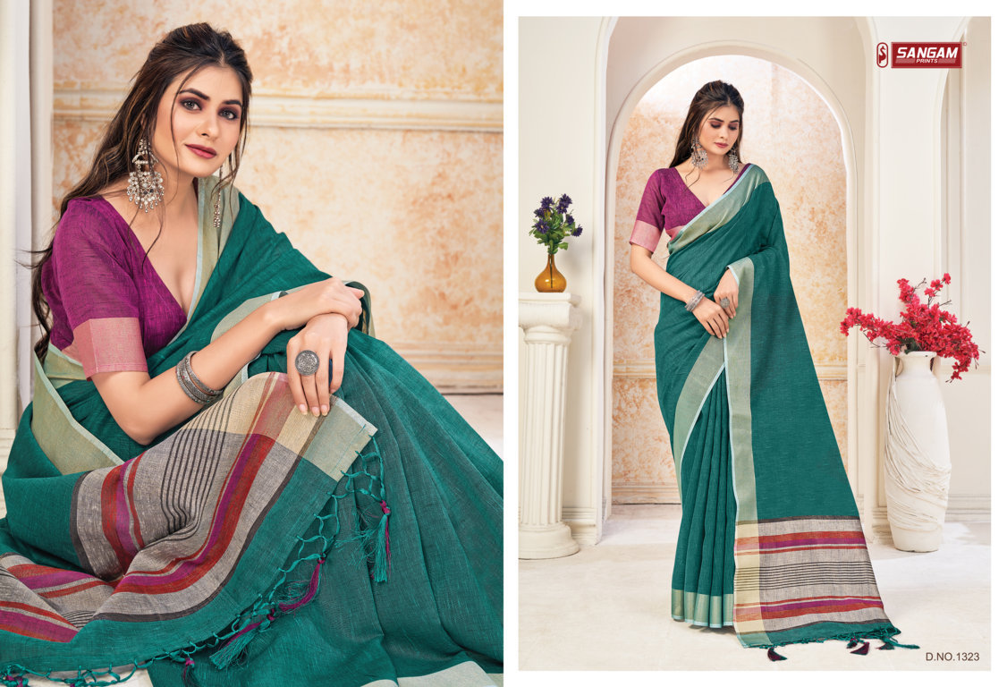 sangam print aarya linen astonishing print saree catalog