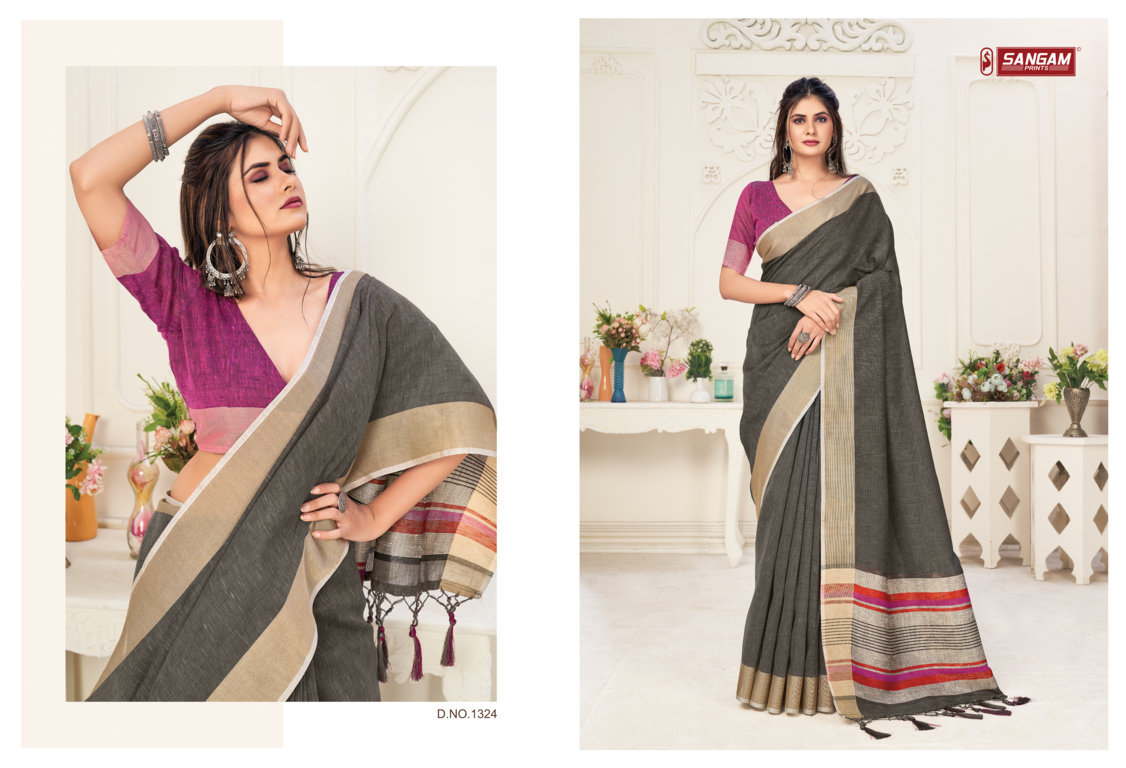 sangam print aarya linen astonishing print saree catalog