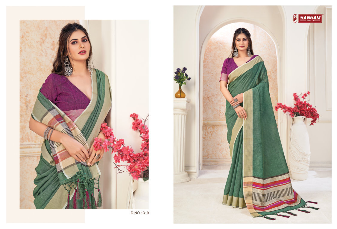 sangam print aarya linen astonishing print saree catalog